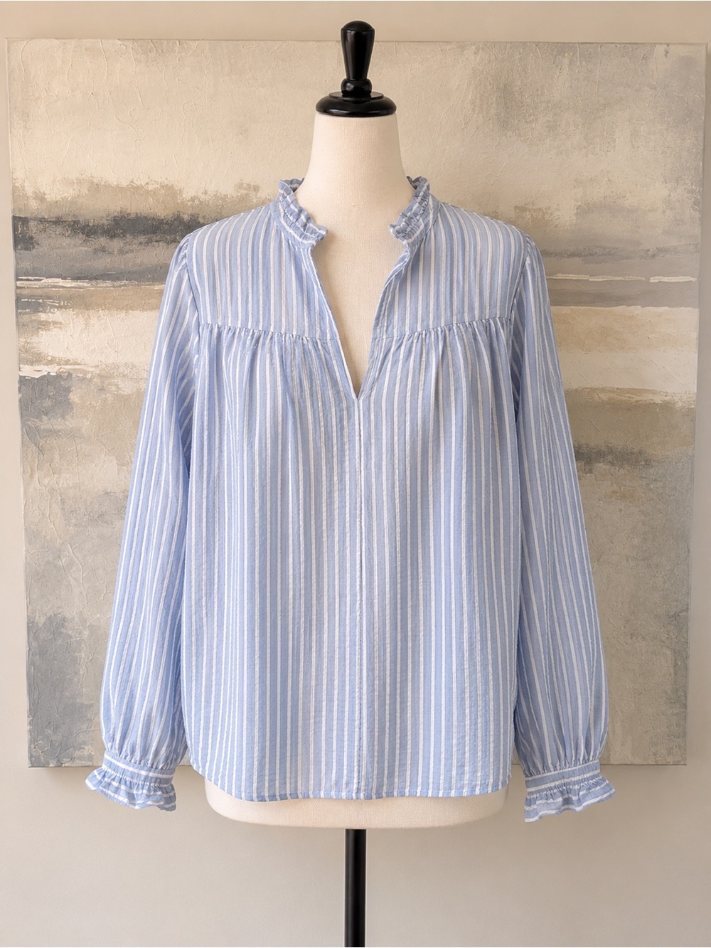 H&M Blue White Striped Ruffle Trim Neck Seersucker Peasant Blouse Size M